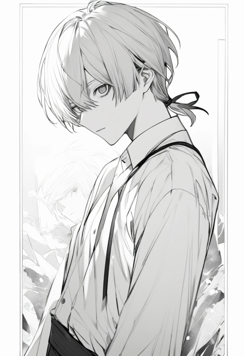 yuto-sano, 1boy, Kaneki, white hair, tied hair, long hair, long tied hair, elegant, monochrome, solo, greyscale, male focus, looking at viewer