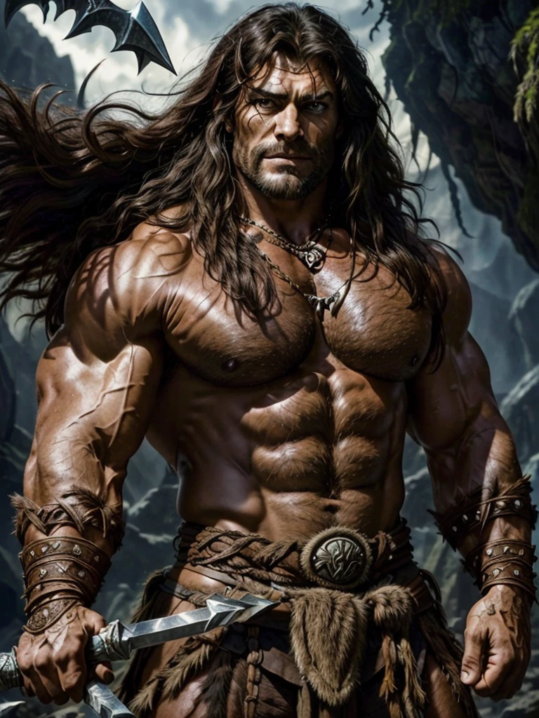 epic fantasy art, super fine illustration, High resolution, Super detailed, masterpiece, 1 male, barbarian, Conan the Barbarian, alone, adult, mature, tall and muscular man, broad shoulders, (((good looking:1.5))), long messy hair, black hair, ((beautiful detailed brown eyes:1.5)), square jaw, thick neck, thick eyebrows, the night view of dark forest background, loincloth, obi sword belt, animal fang necklace, iron circlet, holding battle axe, fighting pose,