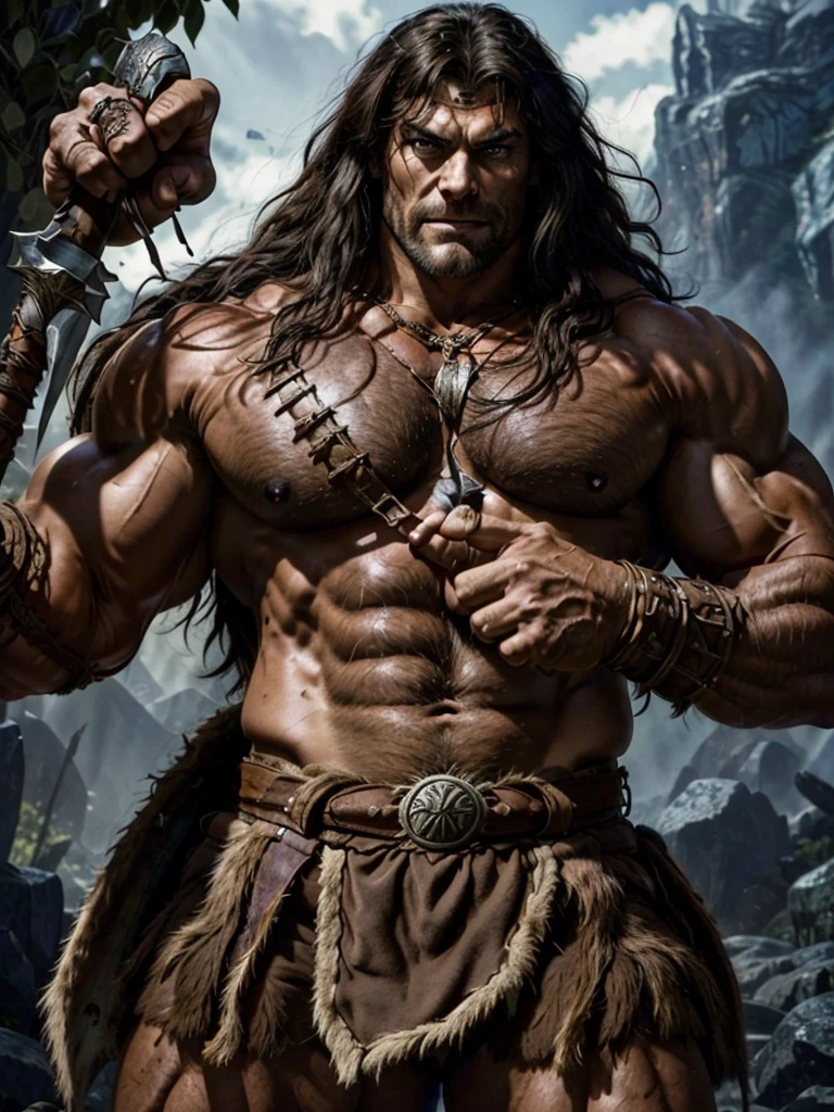 epic fantasy art, super fine illustration, High resolution, Super detailed, masterpiece, 1 male, barbarian, Conan the Barbarian, alone, adult, mature, tall and muscular man, broad shoulders, (((good looking:1.5))), long messy hair, black hair, ((beautiful detailed brown eyes:1.5)), square jaw, thick neck, thick eyebrows, the night view of dark forest background, loincloth, obi sword belt, animal fang necklace, iron circlet, holding battle axe, fighting pose,