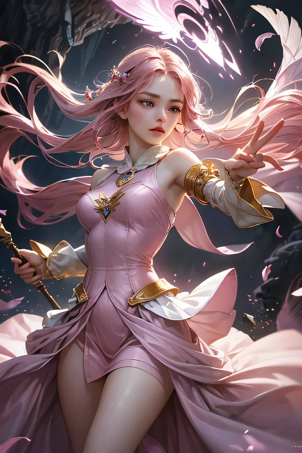 "Create an ultra-realistic image of a stunning 18-year-old girl holding an air magical staff that exudes the energy of the wind and sky. She should be dressed in a sophisticated, ((((((dark pink)))))) shaded outfit that contrasts beautifully with her airy element. Depict her surrounded by elements of air, such as swirling breezes, floating feathers, and gentle currents, to highlight her command over this element. Include a distinct air symbol on her body, signifying her role as the keeper of air and illustrating the powerful, ethereal energy of air she holds within her."