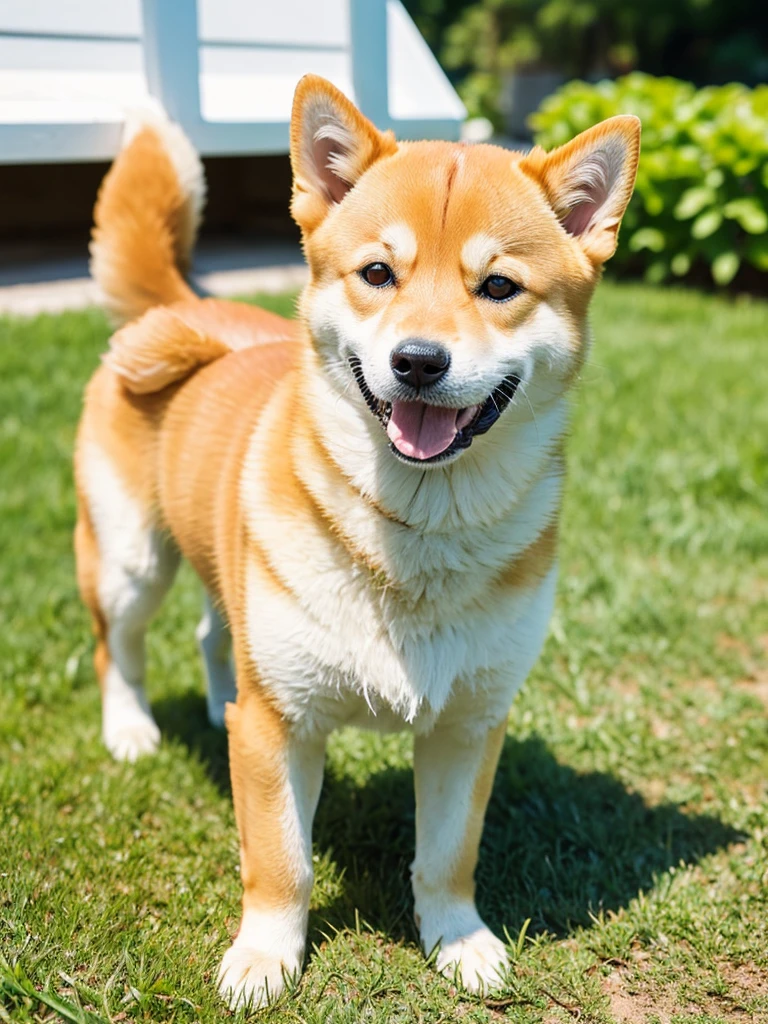 Highest Resolution,Highest quality,Shiba Inu,meal,可愛いShiba Inu,Fluffy,smile,Drooling,Dripping saliva,Overflowing saliva,Iyashiba dog,garden,doghouse,grass,Stringy saliva,