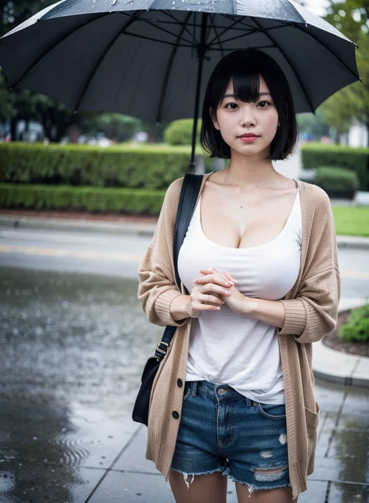 (highest quality),one girl,Japanese,Huge breasts,Cleavage,Short Hair,Straight hair,Black Hair,bangs,park,sweater,sweating,
standing, water drop, rain, Cinematic lighting,hand holding umbrella
 