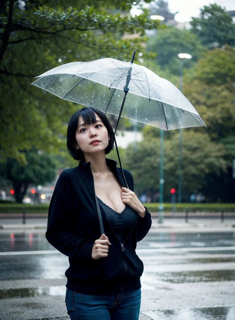 (highest quality),one girl,Japanese,Huge breasts,Cleavage,Short Hair,Straight hair,Black Hair,bangs,park,sweater,sweating,
standing, water drop, rain, Cinematic lighting,hand holding umbrella
 