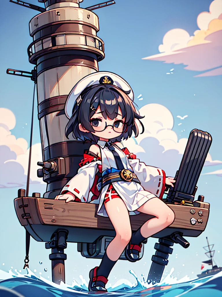 ((((Full body of a woman with perfect flat chest、solo、Short unkempt black hair、Tie your messy hair at the nape of your neck、white military jacket、Miko costume、tights、Black glasses、White military cap、Cloudy black eyes、Sleepy expression、Falcon Hair Accessories、Eagle hair accessory)))), (((masterpiece))), (((Shipgirl))), ((Floating on the morning sea with both feet)), (Spread your legs wide open), (Hold the turret with your right hand), (Mechanical arms extending from the waist are used to equip the ship with battleship equipment.), (Equipped with a turret on the back), (Holds the turret with his left arm), Shotgun shells are attached to the thigh with a belt, Spreading the Machine&#39;s Wings, Machine tail,  shotgun, 