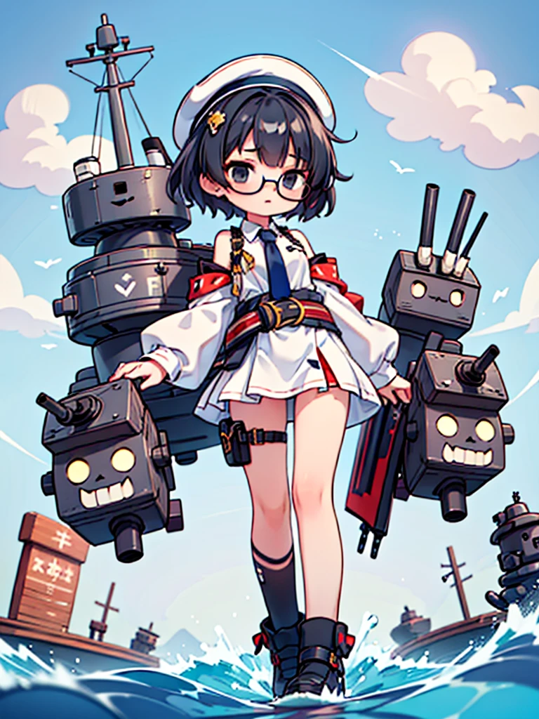 ((((Full body of a woman with perfect flat chest、solo、Short unkempt black hair、Tie your messy hair at the nape of your neck、white military jacket、Miko costume、tights、Black glasses、White military cap、Cloudy black eyes、Sleepy expression、Falcon Hair Accessories、Eagle hair accessory)))), (((masterpiece))), (((Shipgirl))), ((Floating on the morning sea with both feet)), (Spread your legs wide open), (Hold the turret with your right hand), (Mechanical arms extending from the waist are used to equip the ship with battleship equipment.), (Equipped with a turret on the back), (Holds the turret with his left arm), Shotgun shells are attached to the thigh with a belt, Spreading the Machine&#39;s Wings, Machine tail,  shotgun, 