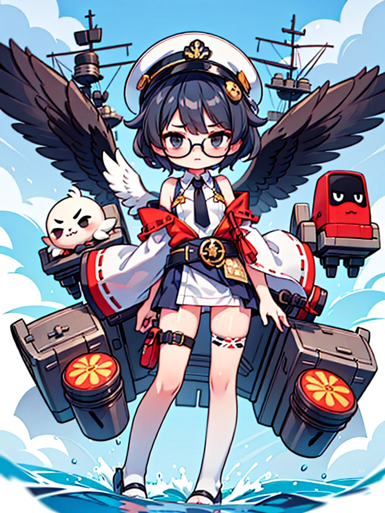 ((((Full body of a woman with perfect flat chest、solo、Short unkempt black hair、Tie your messy hair at the nape of your neck、white military jacket、Miko costume、tights、Black glasses、White military cap、Cloudy black eyes、Sleepy expression、Falcon Hair Accessories、Eagle hair accessory)))), (((masterpiece))), (((Shipgirl))), ((Floating on the morning sea with both feet)), (Spread your legs wide open), (Hold the turret with your right hand), (Mechanical arms extending from the waist are used to equip the ship with battleship equipment.), (Equipped with a turret on the back), (Holds the turret with his left arm), Shotgun shells are attached to the thigh with a belt, Spreading the Machine's Wings, Machine tail, shotgun,