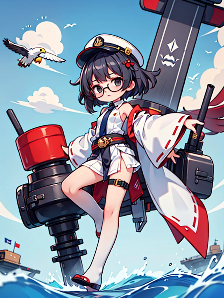 ((((Full body of a woman with perfect flat chest、solo、Short unkempt black hair、Tie your messy hair at the nape of your neck、white military jacket、Miko costume、tights、Black glasses、White military cap、Cloudy black eyes、Sleepy expression、Falcon Hair Accessories、Eagle hair accessory)))), (((masterpiece))), (((Shipgirl))), ((Floating on the morning sea with both feet)), (Spread your legs wide open), (Hold the turret with your right hand), (Mechanical arms extending from the waist are used to equip the ship with battleship equipment.), (Equipped with a turret on the back), (Holds the turret with his left arm), Shotgun shells are attached to the thigh with a belt, Spreading the Machine's Wings, Machine tail, shotgun,
