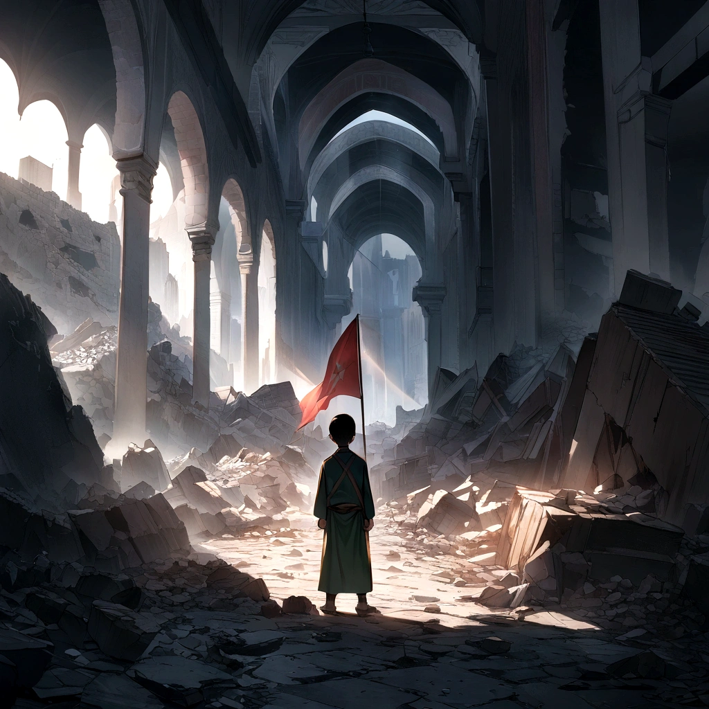 Morocco earthquake view, one from behind holding red Moroccan flag looking at rubble and destruction, somber, hope, sunrays, (masterpiece:1.1) (best quality) (detailed) (intricate) (8k) (HDR) (cinematic lighting) (sharp focus:1.1) green pentacle