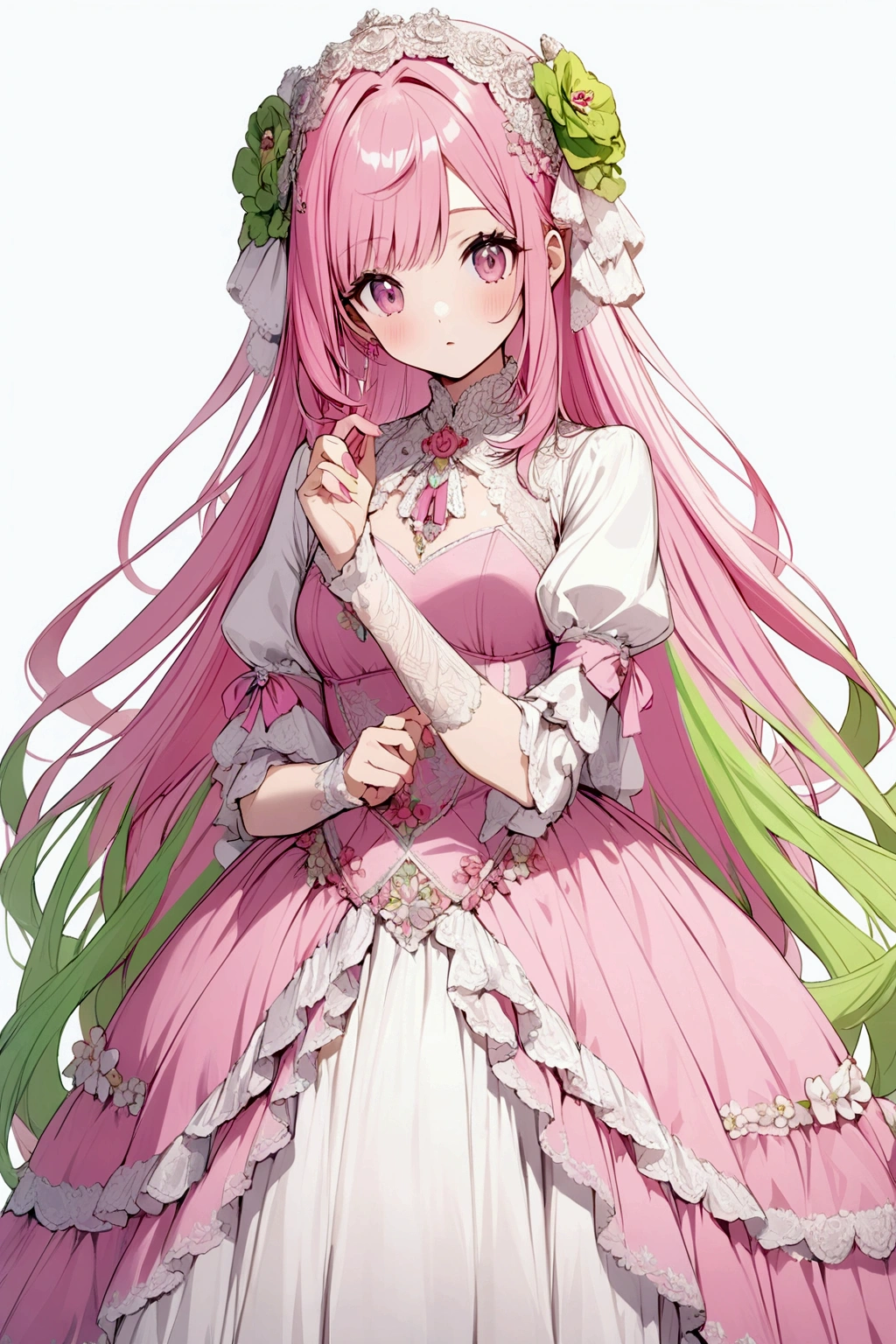 Anime girl with pink hair with green highlights and very long hair and wearing pink Lolita dress