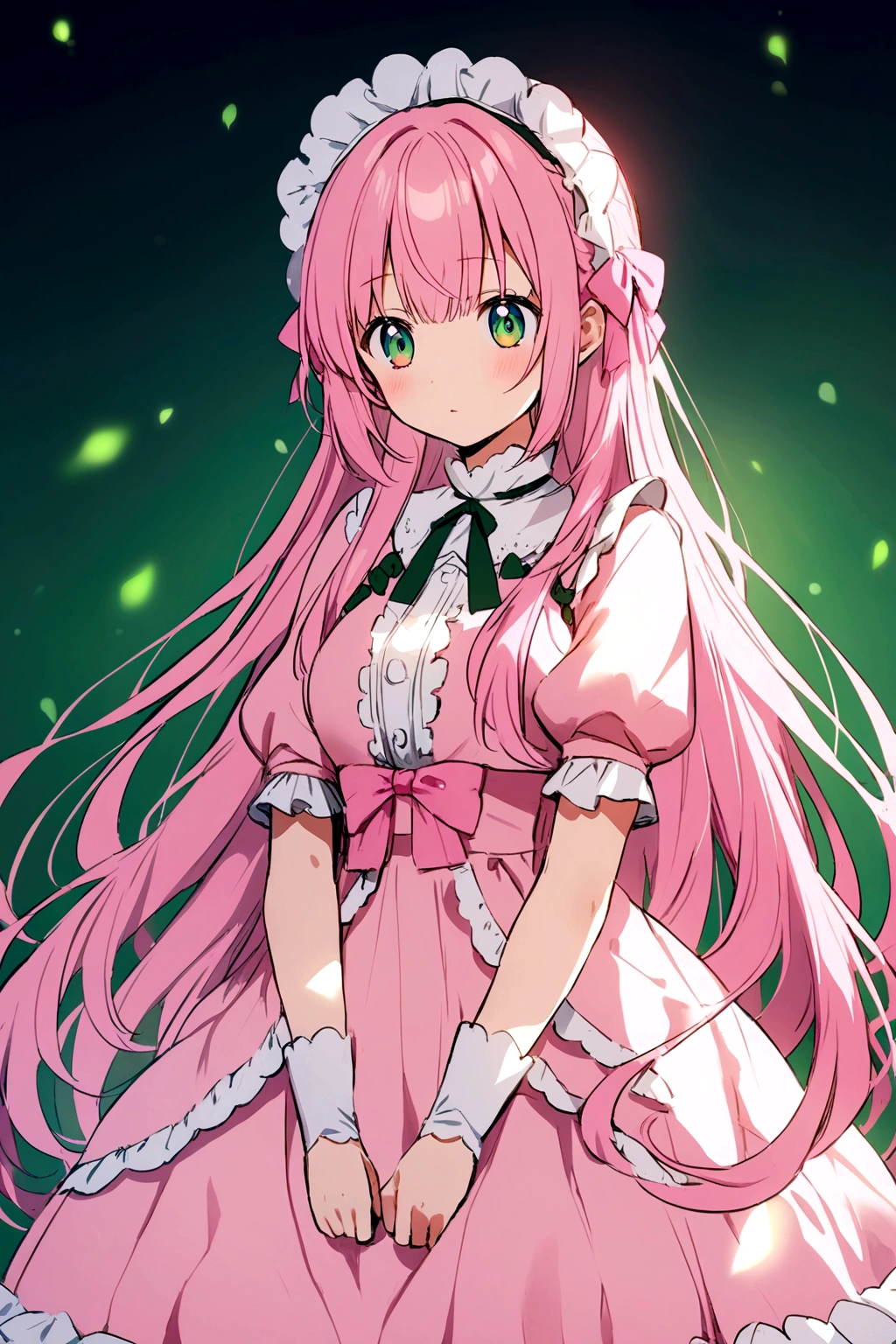 Anime girl with pink hair with green highlights and very long hair and wearing pink Lolita dress