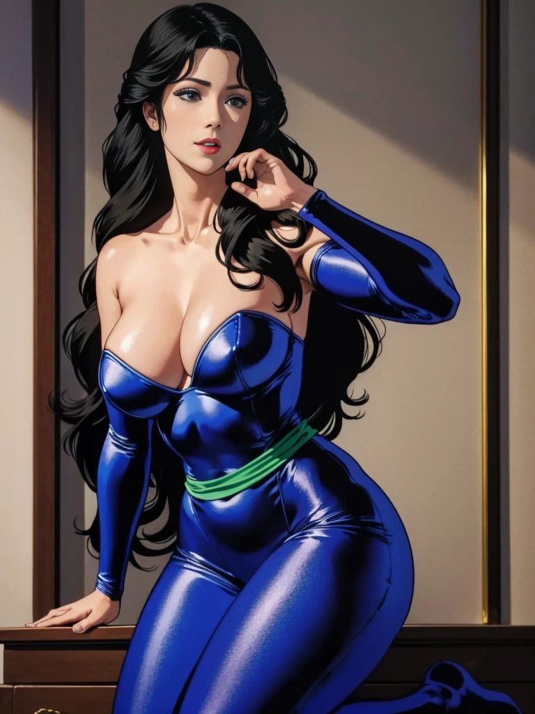 ((masterpiece)), Highest quality, Very detailed, Absurd, 8K, wonderful, Very detailed, The finer details, Browsing Caution, (Very complicated:1.2), (Very delicate), Very detailed,
RuiKisugi, 1 Female, Long Hair, Wavy Hair, Black Hair, eyelash, blue eyes, lipstick, Purple bodysuit, Strapless, No sleeve, Green sash,
One girl, (whole body:1.2), (Finding_stance:1.3), Very detailed face, Nice fine detail, Perfect Eyes, Fascinating eyes, Beautiful attention to detail, Small Mouth, Fascinating_smile, Mature Woman, Mature Woman, Body with nine heads, thin, compensate, Big Breasts, (museum:1.3), (Urzan-6500-v1.1),
Detailed fingers, Perfect hands,