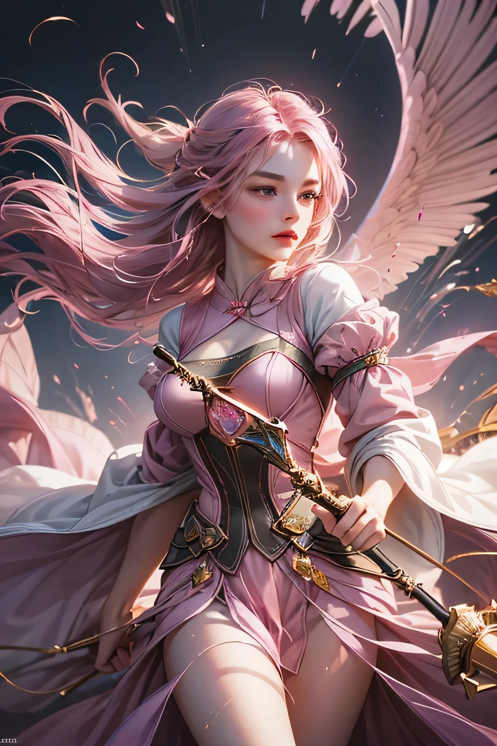 "Create an ultra-realistic image of a stunning 18-year-old girl holding an air magical staff that exudes the energy of the wind and sky. She should be dressed in a sophisticated, ((((((dark pink)))))) shaded outfit that contrasts beautifully with her airy element. Depict her surrounded by elements of air, such as swirling breezes, floating feathers, and gentle currents, to highlight her command over this element. Include a distinct air symbol on her body, signifying her role as the keeper of air and illustrating the powerful, ethereal energy of air she holds within her."