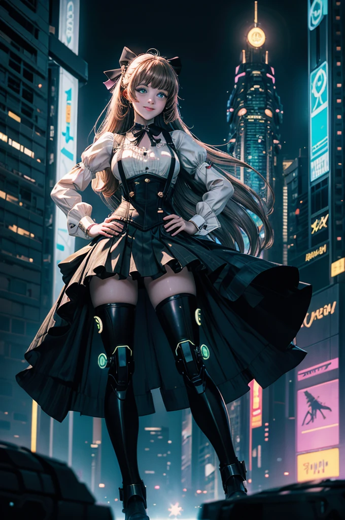 1girl, solo, smile, hand on hip,  underbust, Penny Polendina, long hair, neck ribbon, suspender skirt, corset, black bow, white blouse, mechanical legs, neon trim, standing in cyberpunk city, night, stars moon, skyscrapers, futuristic floating vehicles, neon signs, crowd wearing cyberpunk fashion

