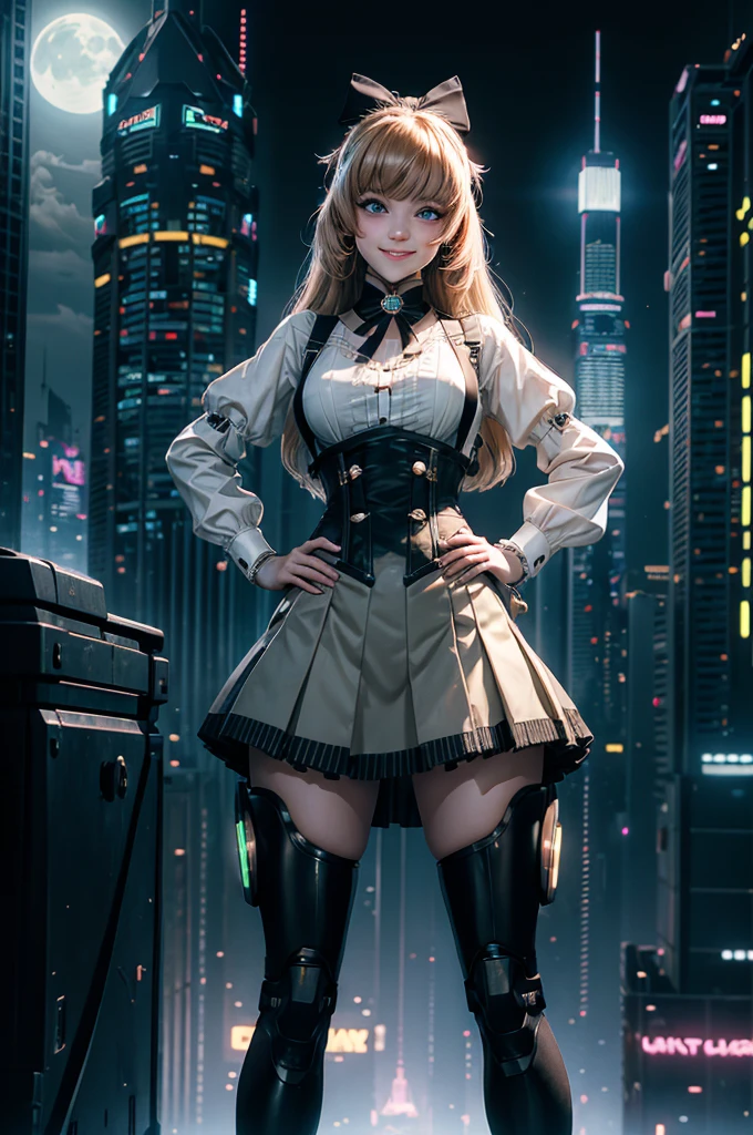 1girl, solo, smile, hand on hip, underbust, Penny Polendina, long hair, neck ribbon, suspender skirt, corset, black bow, white blouse, mechanical legs, neon trim, standing in cyberpunk city, night, stars moon, skyscrapers, futuristic floating vehicles, neon signs, crowd wearing cyberpunk fashion