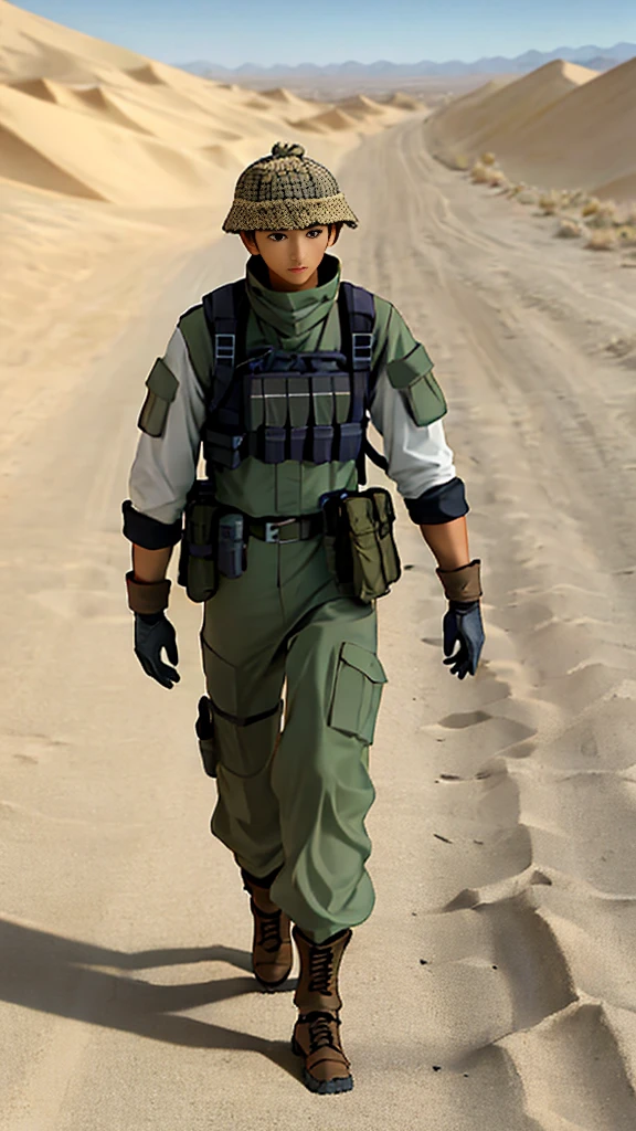 one  men, desert soldier outfit, walked in the desert