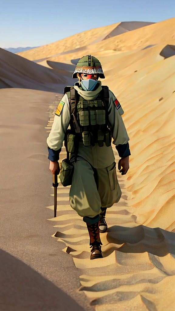 one  men, desert soldier outfit, walked in the desert