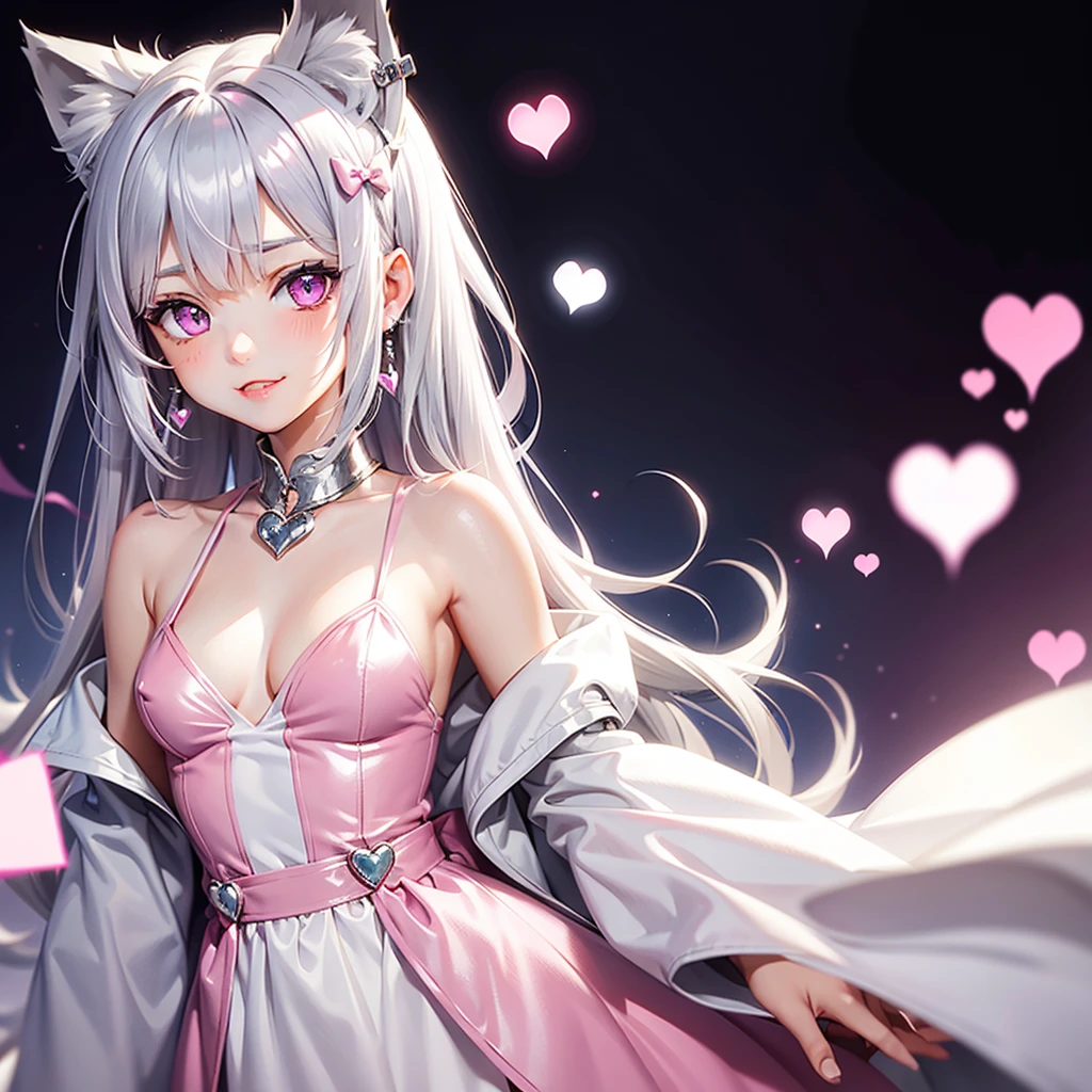 Silver hair, pink eyes, body, cat ears, girl, earrings, heart background fantasy, princess, godly, hair bows, happy face, pink dress, cats