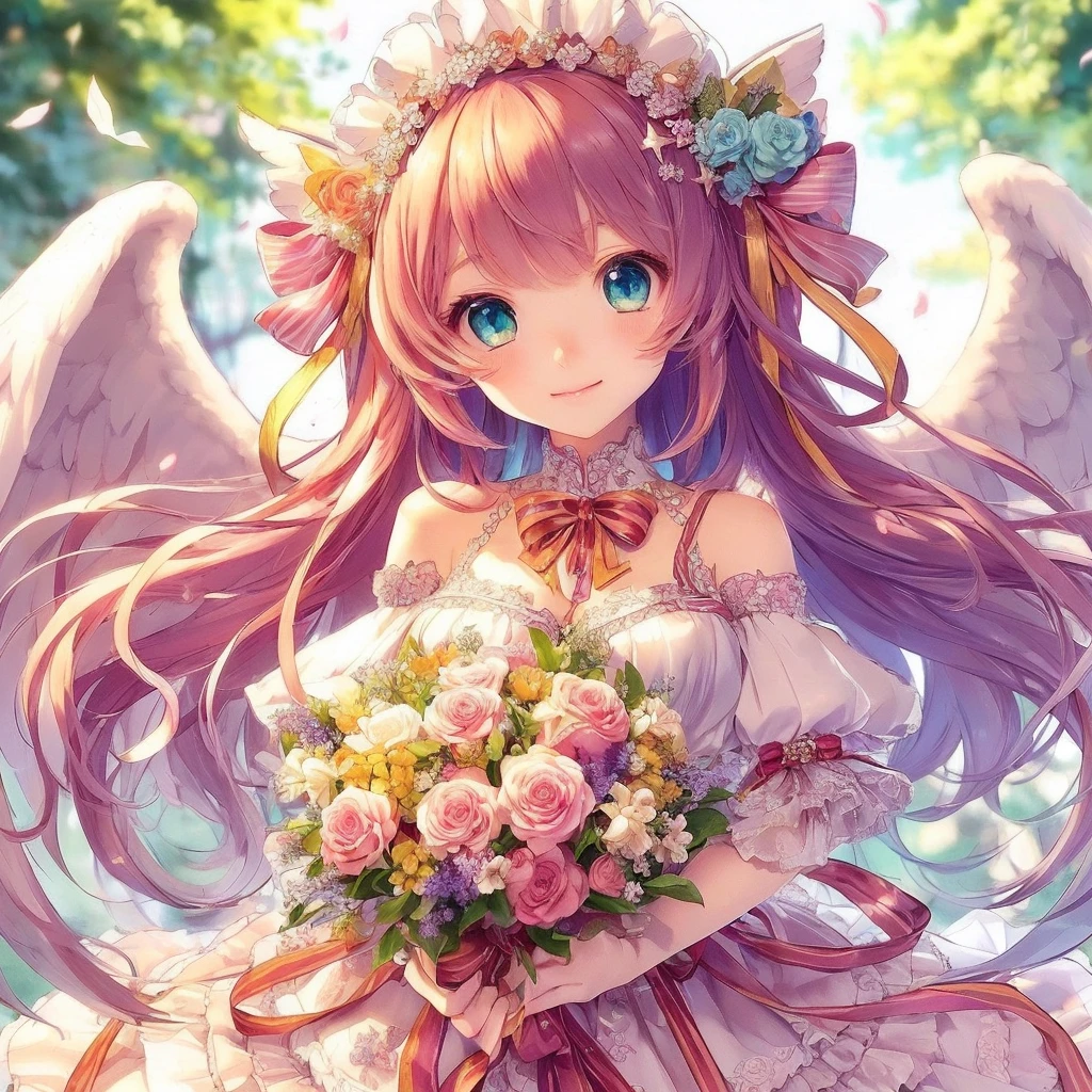 Anime girl with angel wings holding bouquet of flowers, of an beautiful Angel Girl, Cute anime waifu in a nice dress, Beautiful Anime girl, Anime Style 4k, anime art wallpaper 4k, anime art wallpaper 4k, Cute Anime Girl, Beautiful angel, Beautiful fantasy anime, Anime Art Wallpapers 8K, Angel Girl, Beautiful Anime, Cute Anime Girl