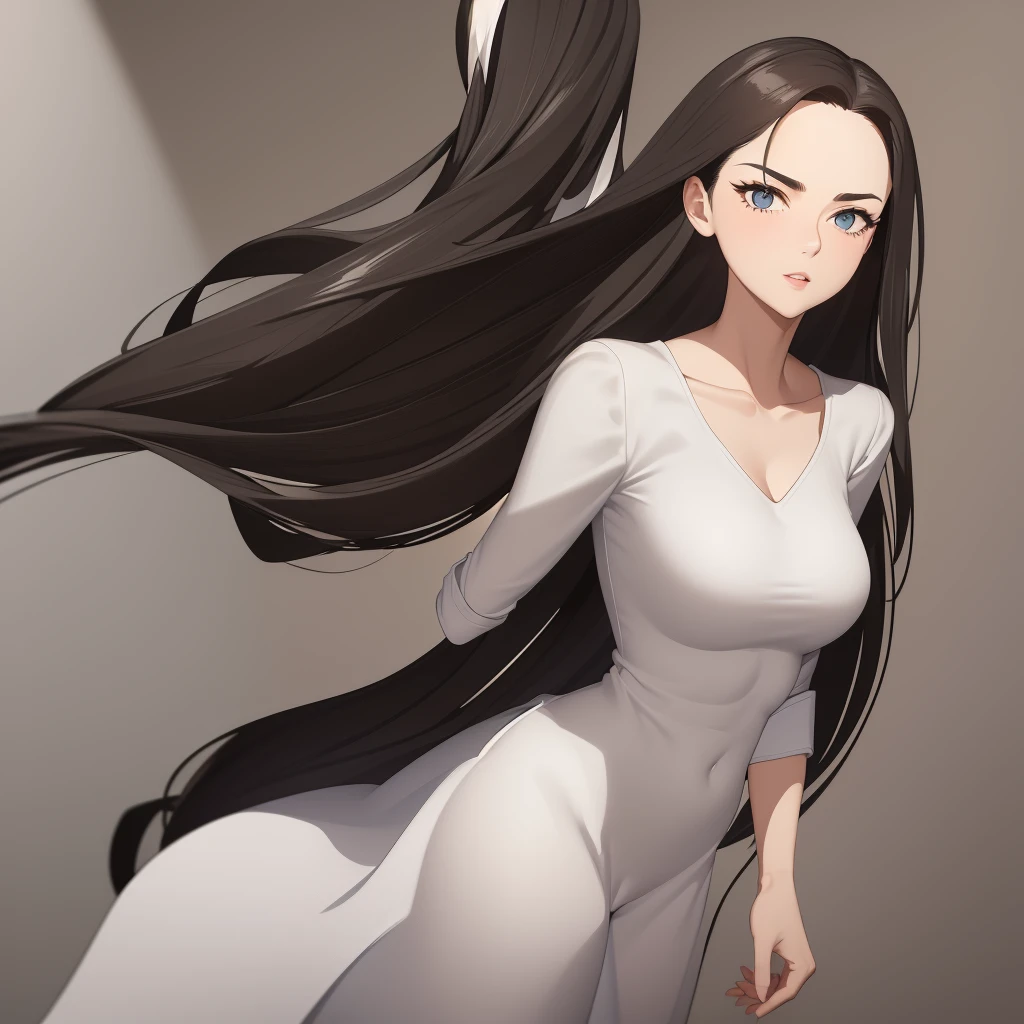 This beautiful teacher is wearing a simple and elegant white shirt,With black slim trousers, Showing off her tall figure and graceful curves. Her long hair, Slightly curled, Exudes a light fragrance. Her facial features are delicate, Her eyes are bright and lively, Her eyebrows are long and natural., Her lips are rosy and sexy, Her face is round and smooth.