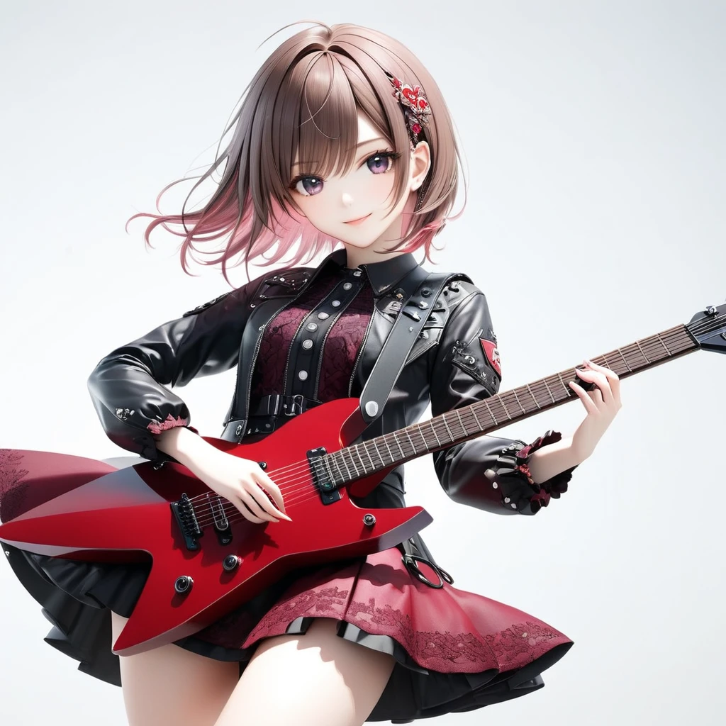 (((White background:1.2)))、(((The entire guitar is visible:1.5))),((masterpiece、Ultra HD、Masterpiece、4K)))、Perfect Style、Playing a white electric guitar、Scandinavian Gothic Metal Girl, Intense gaze into the camera, Intricate details, Highly detailed eyes, Brown bob hair、Pink Gothic Dress, Intricate details、smile、mini skirt、Dynamic Movement、(((The entire guitar is visible:1.5)))