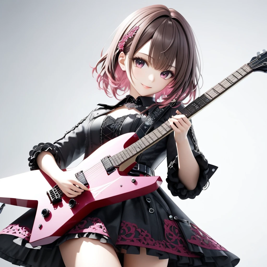 (((White background:1.2)))、(((The entire guitar is visible:1.5))),((masterpiece、Ultra HD、Masterpiece、4K)))、Perfect Style、Playing a white electric guitar、Scandinavian Gothic Metal Girl, Intense gaze into the camera, Intricate details, Highly detailed eyes, Brown bob hair、Pink Gothic Dress, Intricate details、smile、mini skirt、Dynamic Movement、(((The entire guitar is visible:1.5)))