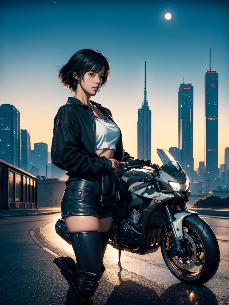 Elaizaikedareal, Top quality, masterpiece, photography, 4K, photorealistic, very detailed, one girl riding a motorcycle, techware, cyberpunk city, alone, futuristic, huge moon in the background, Akira Toriyama, close,