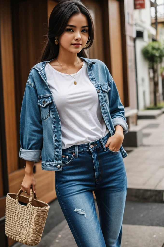 A white beautiful sape figure gril wearing a black denim and bule shrit 