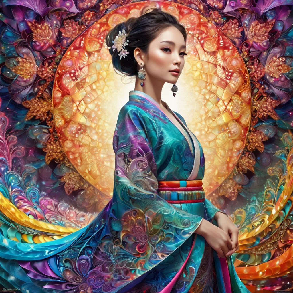 (masterpiece, top quality, best quality, official art, beautiful and aesthetic:1.2), (1girl:1.3), extremely detailed,(fractal art:1.1),(colorful:1.1),highest detailed,(zentangle:1.2), (dynamic pose), (abstract background:1.5), (japanese dress:1.2), (shiny skin), (many colors:1.4), ,(earrings:1.4),