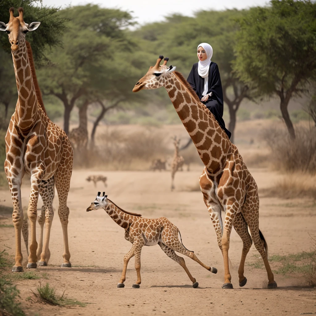 A 20 year old hijab girl was seen being chased by a giraffe. The girl looked very scared because of that. 