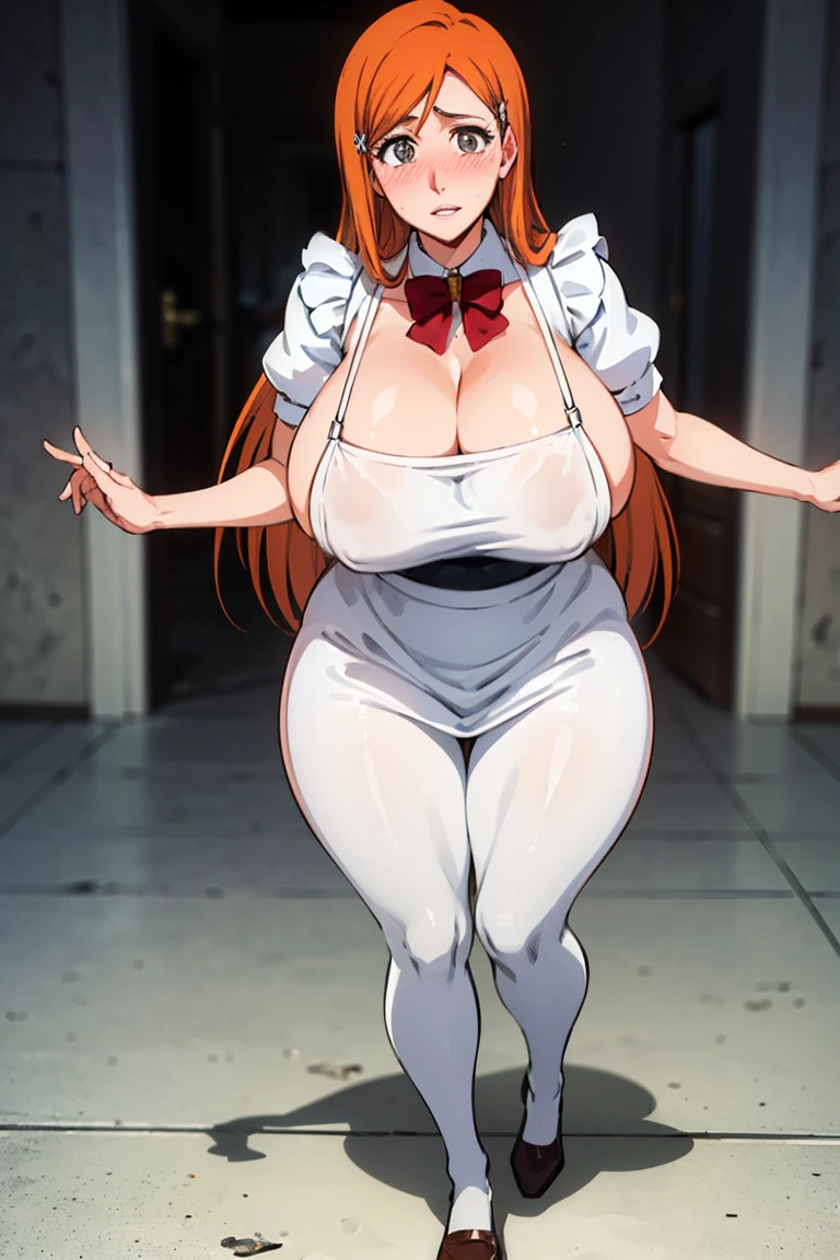 portrait, solo focus, solo, close-up, looking at viewer, (parted lips:1.2), (sunlight, bright, sunshine:1.2)
eft_bleach_orihime, 1 girl,((inoue orihime milf physique)), solo, long hair, orange hair, grey eyes, breasts,hair ornament, hairclip, purple eyes, smile, happy, from front,((huge pelvis thick thighs)),((clear details High definition body parts perfect body parts )),(((blush lush blush nose blush blush face ))),(sad expression),((wearing white tight apron)),((full body portrait)), huge breast huge pelvis thick thighs,((wearing white tight maid apron costume ))