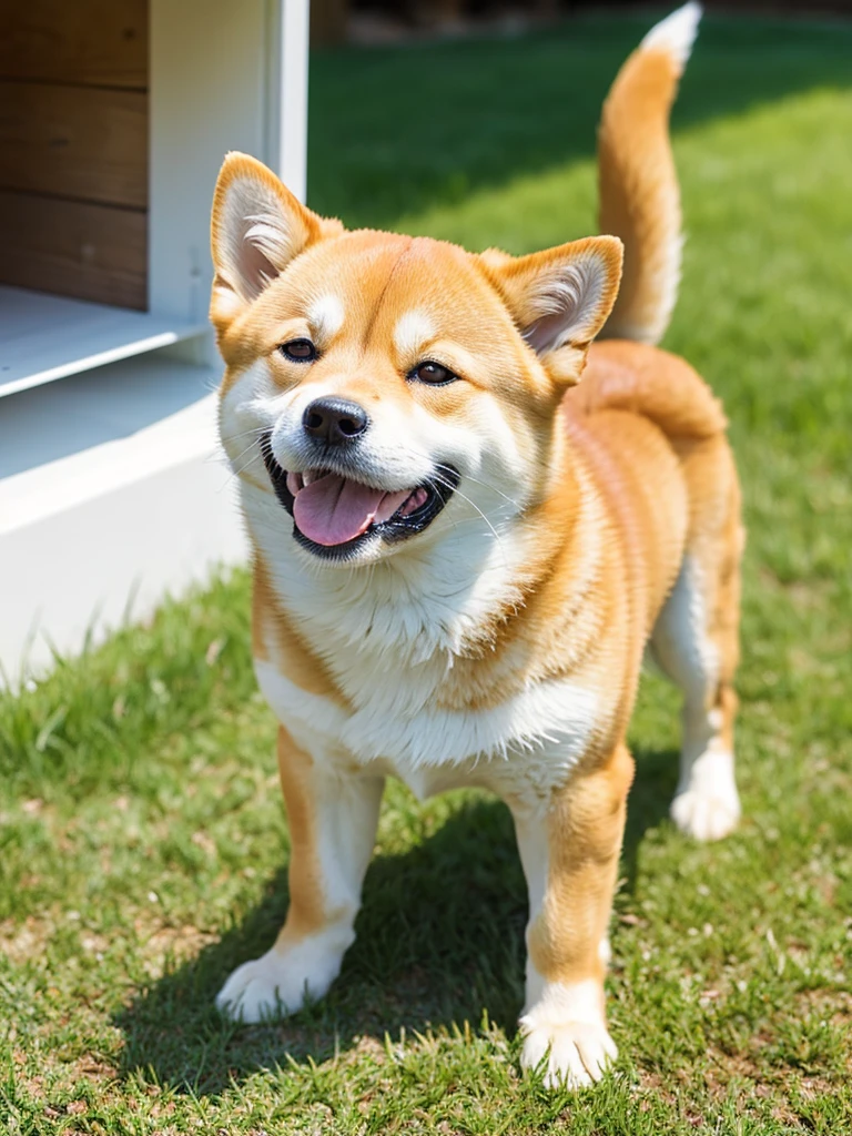 Highest Resolution,Highest quality,Shiba Inu,meal,可愛いShiba Inu,Fluffy,smile,ヨダレを垂らすShiba Inu,Dripping saliva,Overflowing saliva,Iyashiba dog,garden,doghouse,grass,Stringy saliva,