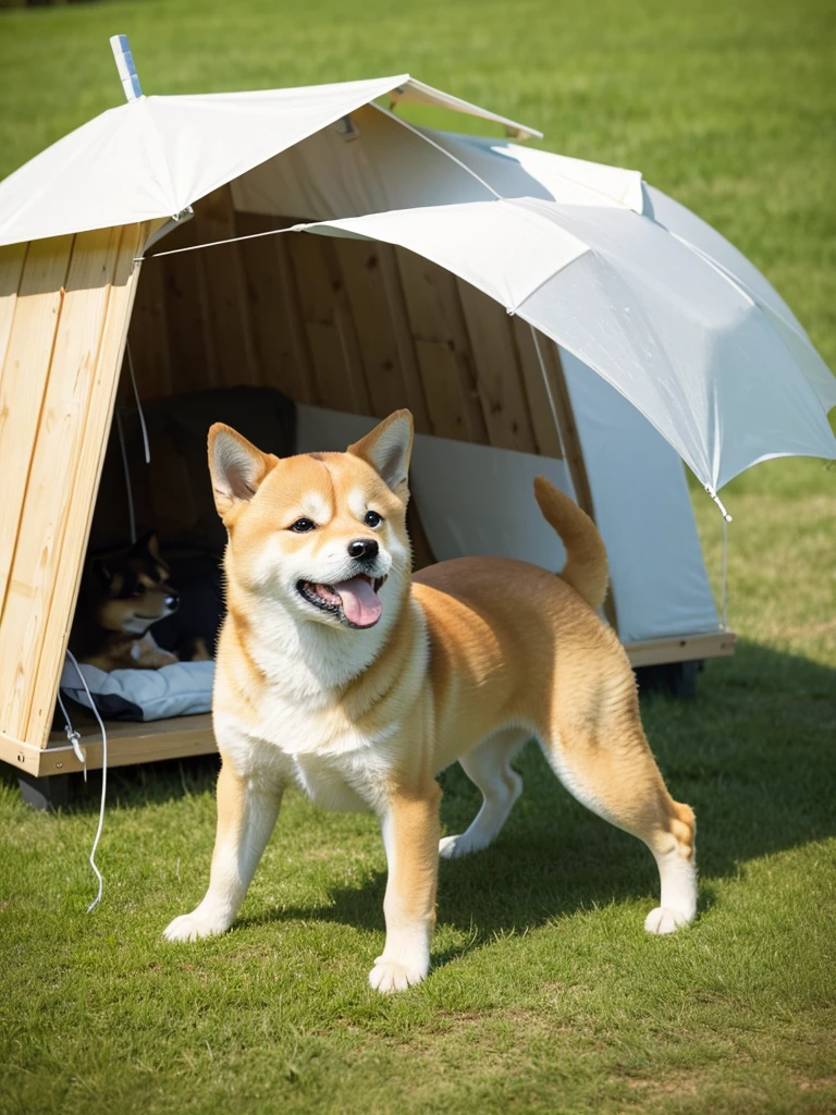 Highest Resolution,Highest quality,Shiba Inu,meal,可愛いShiba Inu,Fluffy,smile,ヨダレを垂らすShiba Inu,Dripping saliva,Overflowing saliva,Iyashiba dog,garden,doghouse,grass,Stringy saliva,