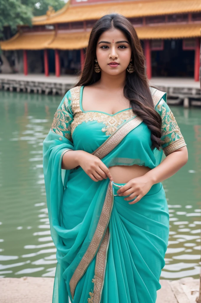 1 Heavenly beautiful and goddess beauty cute and sweet looking face Indian female in front of Tongli Water Town, China, Heavenly beautiful Overweight, Heavenly beautiful Extremely fat, Heavenly beautiful and attractive Chubby figure , Heavenly beautiful looking and eye catching luxury style tight fitting Bomkai silk sarees , reaching out, Heavenly beautiful Arabian woman, 16k, High resolution, masterpiece, highest quality, fine skin, outside view, Realistic Photograph, size 45 and waist size 32, close up face view
