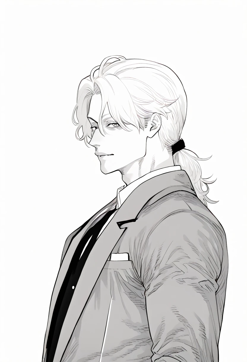 yuto-sano, 1boy, Kaneki, white hair, tied hair, long hair, long tied hair, elegant, monochrome, solo, greyscale, male focus, looking at viewer