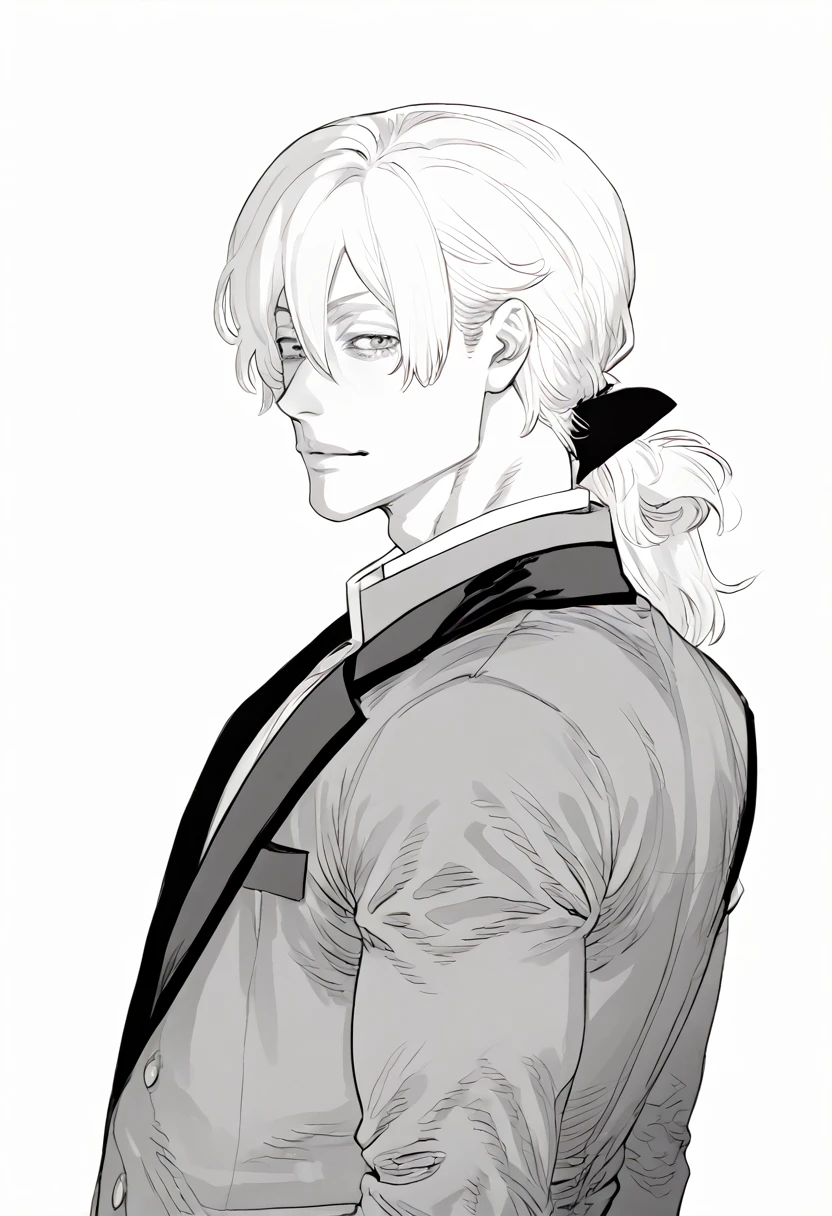 yuto-sano, 1boy, Kaneki, white hair, tied hair, long hair, long tied hair, elegant, monochrome, solo, greyscale, male focus, looking at viewer