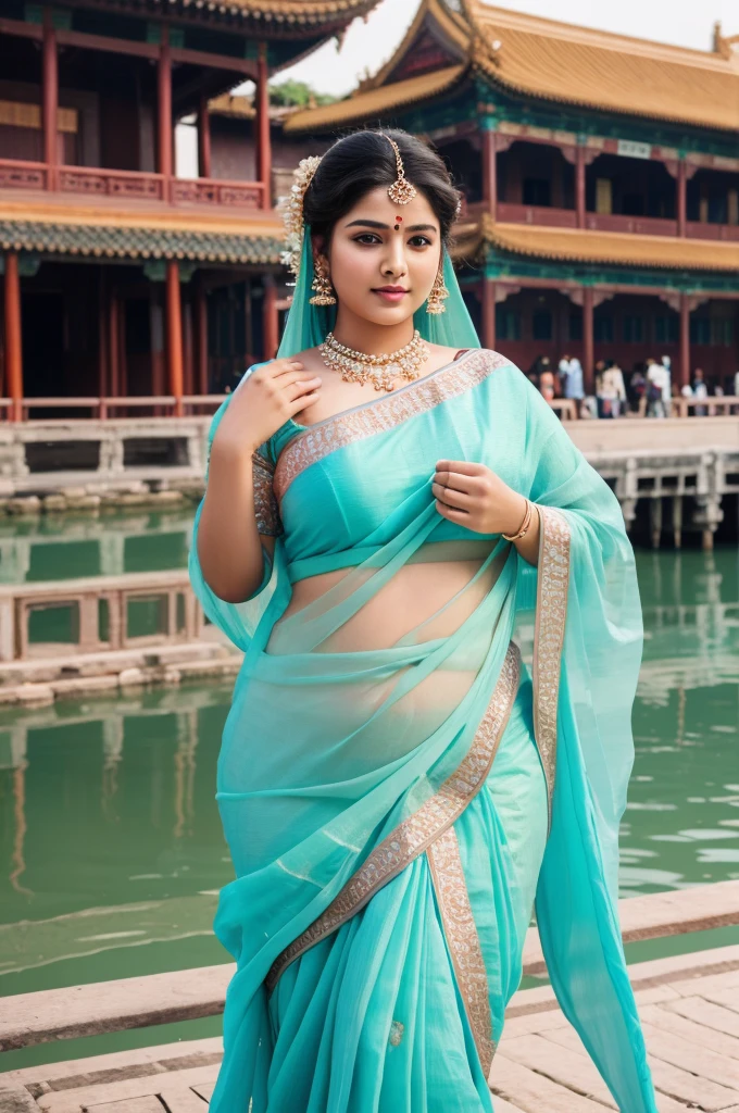 1 Heavenly beautiful and goddess beauty cute and sweet looking face Indian female in front of Tongli Water Town, China, Heavenly beautiful Overweight, Heavenly beautiful Extremely fat, Heavenly beautiful and attractive Chubby figure , Heavenly beautiful looking and eye catching luxury style tight fitting Bomkai silk sarees , reaching out, Heavenly beautiful Arabian woman, 16k, High resolution, masterpiece, highest quality, fine skin, outside view, Realistic Photograph, size 45 and waist size 32, close up face view