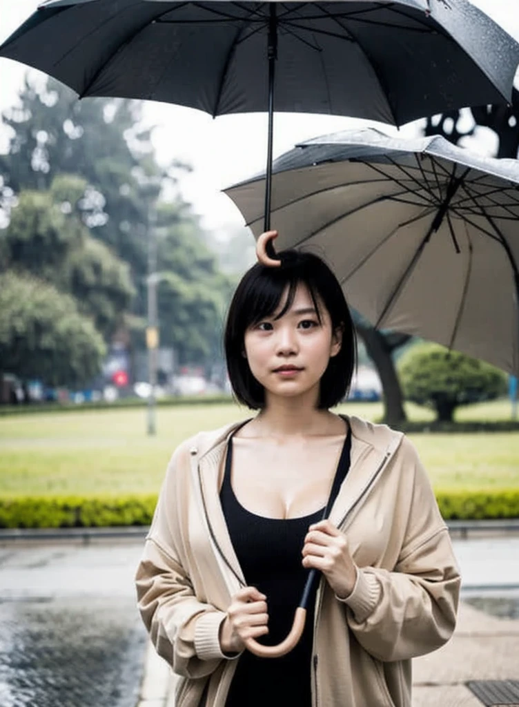 (highest quality),one girl,Japanese,Huge breasts,Cleavage,Short Hair,Straight hair,Black Hair,bangs,park,sweater,sweating,
standing, water drop, rain, Cinematic lighting,((hand holding umbrella))
 