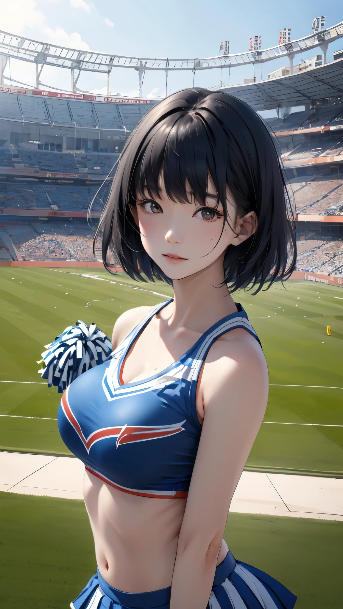 Stadium、20-year-old、Cheerleader、Black Hair、short hair、Hair flowing in the wind、Upper Body、look up、Large Breasts、Asian