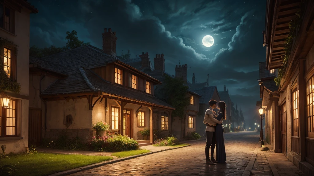 "Under the moonlight，Young couple hugging tightly in the garden，The streets are full of quiet and romantic atmosphere。warm color，Highest quality，Ultra-detailed illustrations，8K resolution concept art wallpaper，Epic fantasy art，Natural light on dark background。"