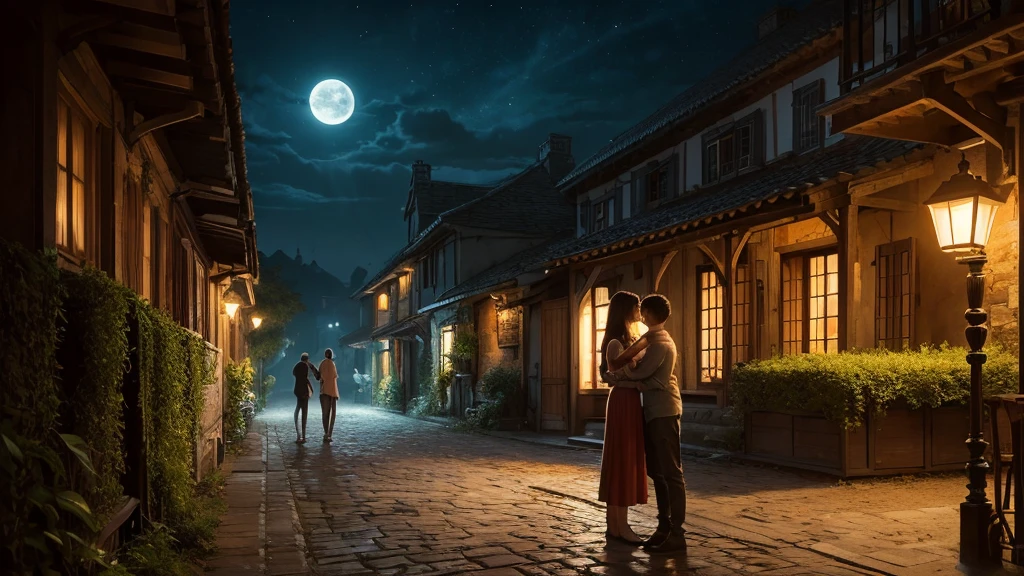 "Under the moonlight,Young couple hugging tightly in the garden,The streets are full of quiet and romantic atmosphere。warm color,Highest quality,Ultra-detailed illustrations,8K resolution concept art wallpaper,Epic fantasy art,Natural light on dark background。"