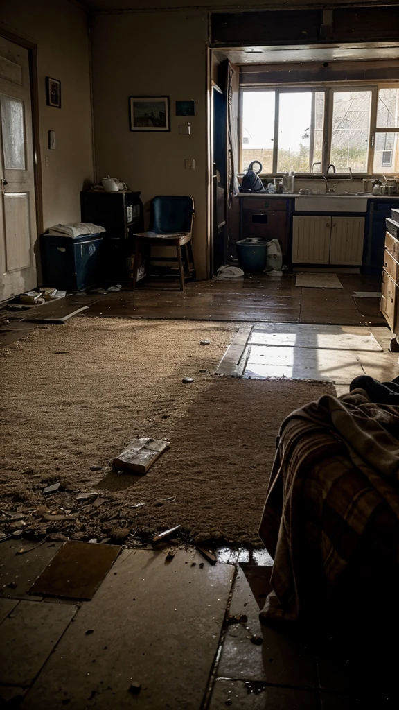 
A household with a quiet and cold atmosphere, looks neglected and unkempt, reflecting a loss of warmth and togetherness.