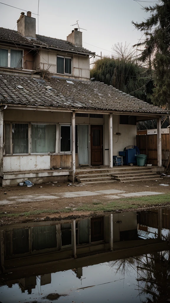 A household with a quiet and cold atmosphere, looks neglected and unkempt, reflecting a loss of warmth and togetherness.