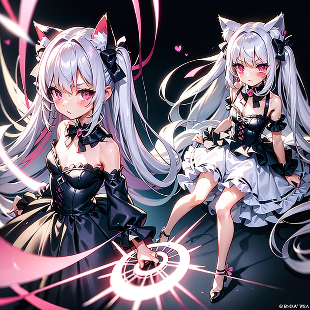 Silver hair, pink eyes, body, cat ears,girl, earrings,hair bows,hair charms,dresses