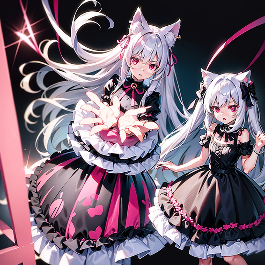 Silver hair, pink eyes, body, cat ears,girl, earrings,hair bows,hair charms,dresses