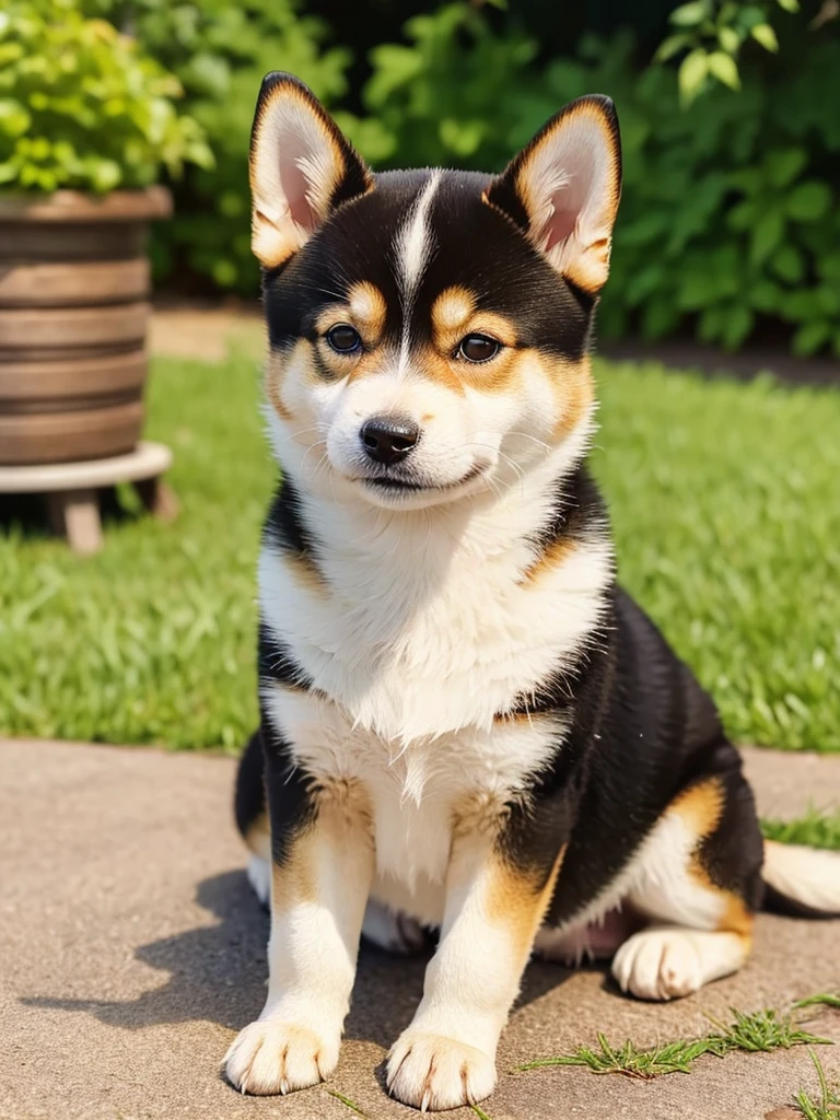 Highest Resolution,Highest quality,Shiba Inu,meal,可愛いShiba Inu,Fluffy,smile,ヨダレを垂らすShiba Inu,Dripping saliva,Overflowing saliva,Iyashiba dog,garden,doghouse,grass,Stringy saliva,
