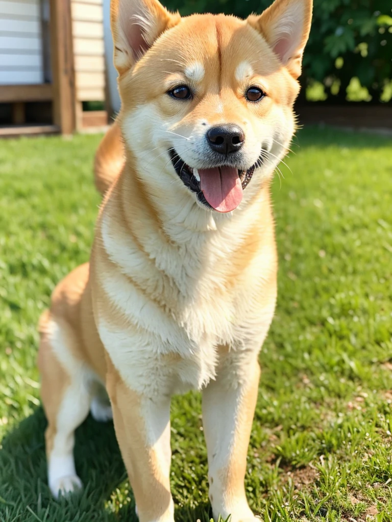 Highest Resolution,Highest quality,Shiba Inu,meal,可愛いShiba Inu,Fluffy,smile,ヨダレを垂らすShiba Inu,Dripping saliva,Overflowing saliva,Iyashiba dog,garden,doghouse,grass,Stringy saliva,