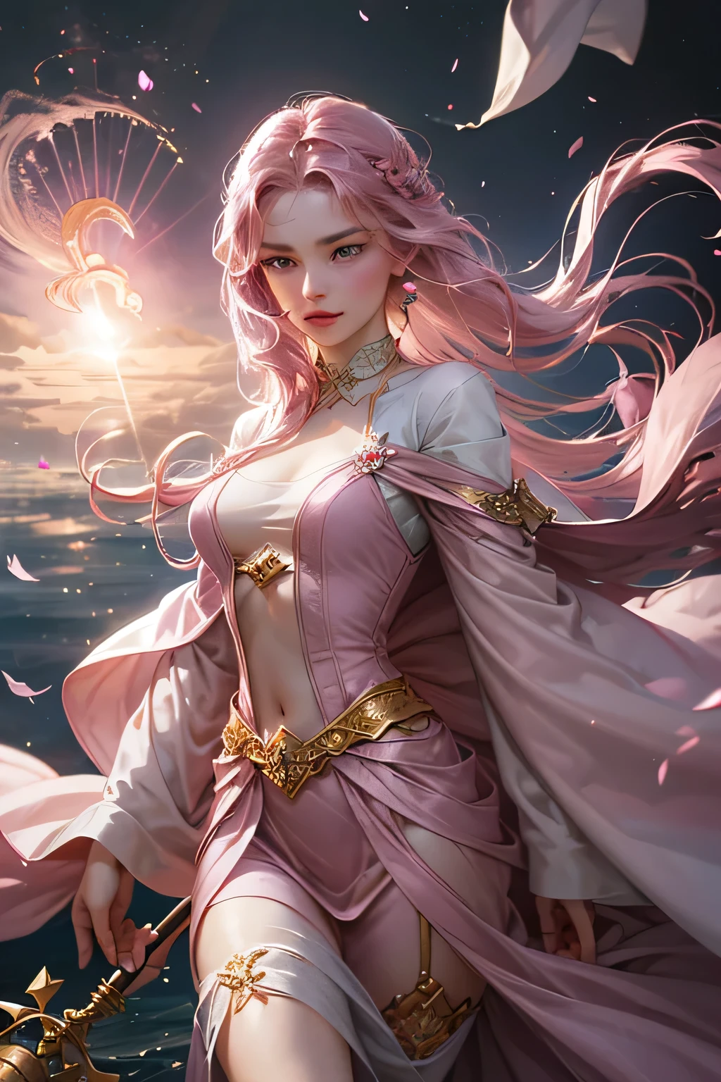A beautiful woman,23 years old,Stand in a vast wheat field,Long pink hair,Hair is messy and fluttering,Green eyes,(full bodyesbian),(sky witch:1.5),Tall and thin beauty goddess,((A flowing red long-sleeved dress)),conservative girl,cloud goddess,Flowing realistic fabric,Edge light,(Long-haired fainting:1.5),best qualtiy,tmasterpiece,(超高分辨率),(realisticlying:1.4),Slim,(shiny skins),(The woman's face looks up at the sky),Top fashion,photore,(beautifulface:1.1),A detailed eye,lusciouslips,depth of fields、Bokeh,author(James S. c. Christensen:1.2|JeremyLipking:1.1),octane,As estrelas,starrysky,the night,nigh sky,独奏,exteriors,galactic