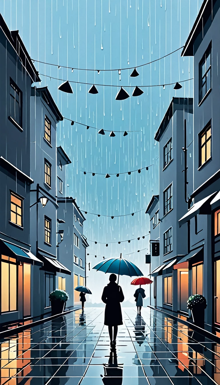 Simple illustration,Umbrellas in the sky,Rainy Day,solitary figure