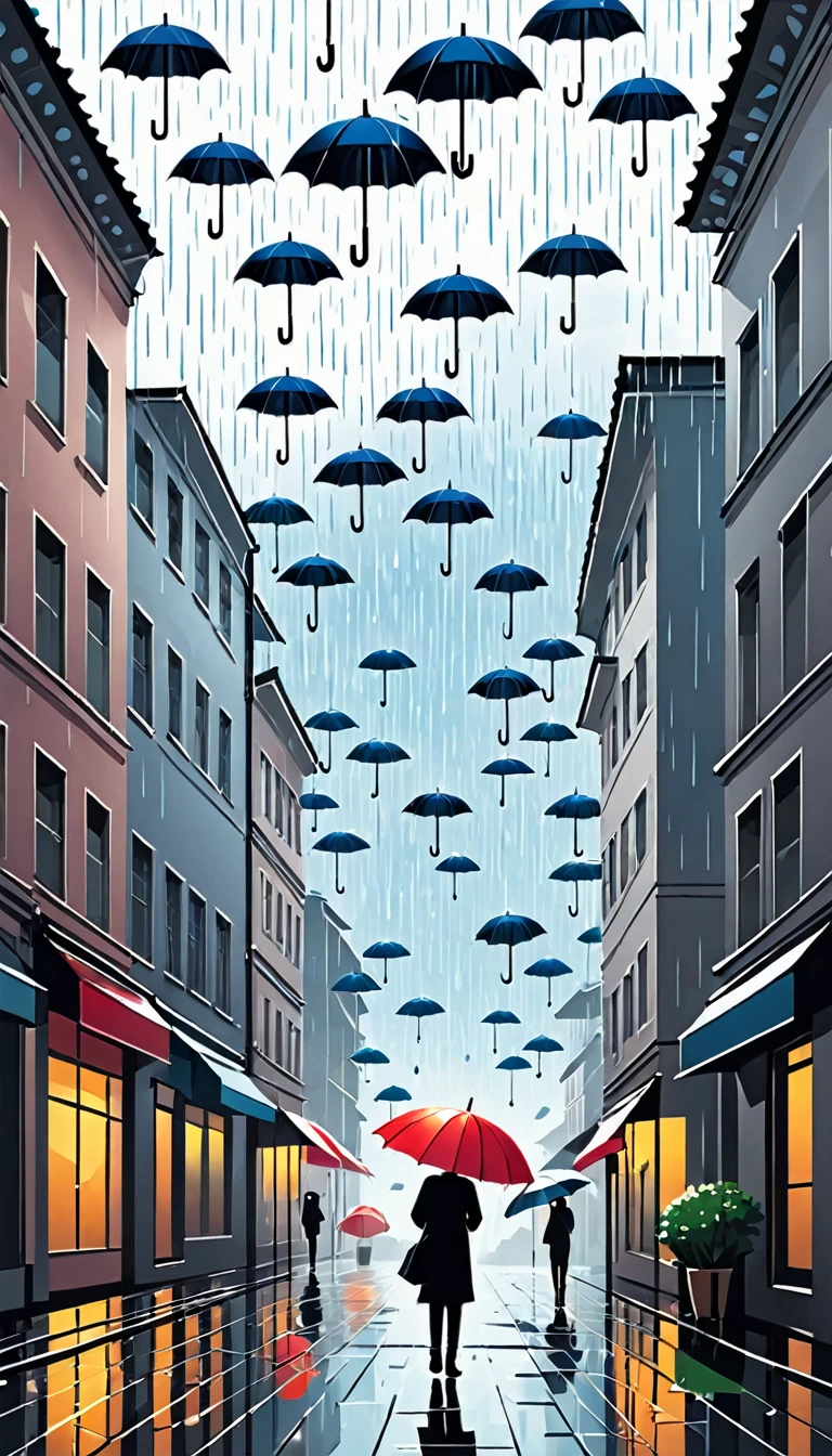 Simple illustration,Umbrellas in the sky,Rainy Day,solitary figure
