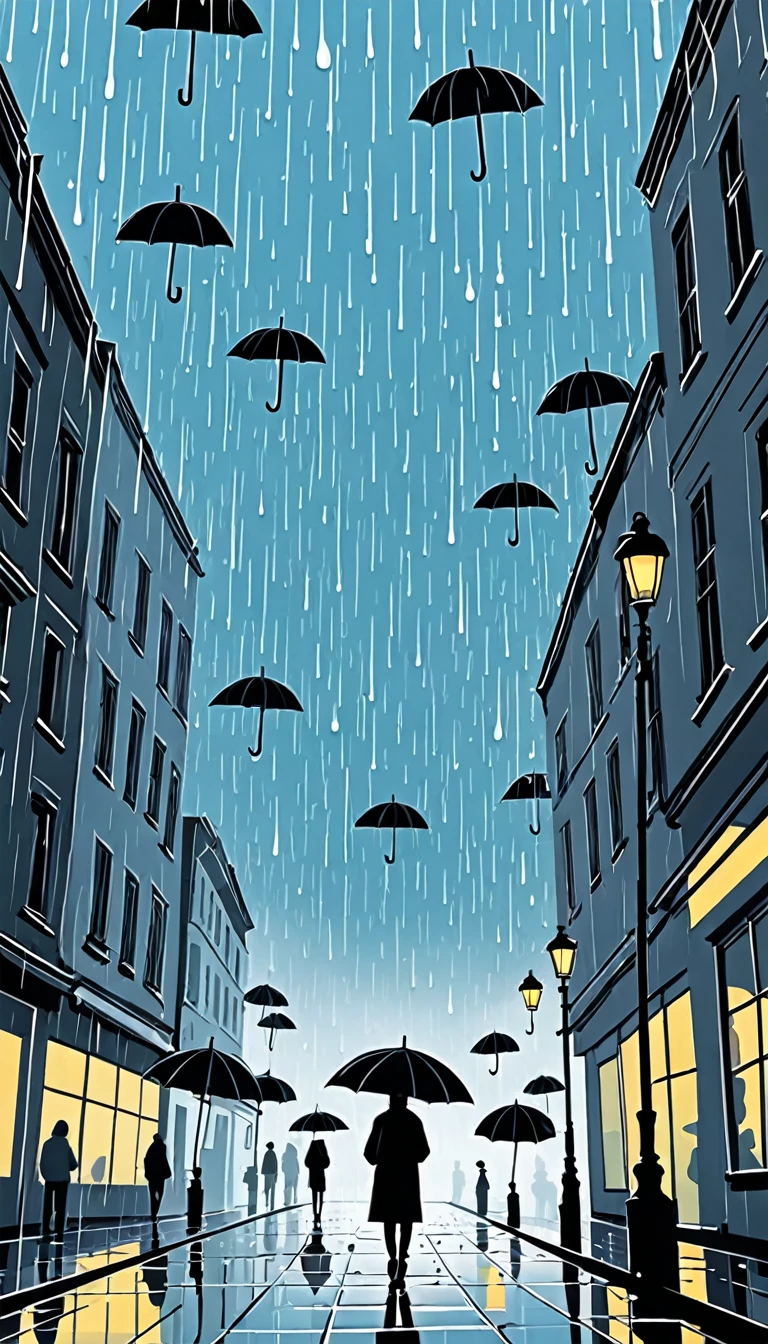 Simple illustration，Umbrellas in the sky，Rainy Day，solitary figure